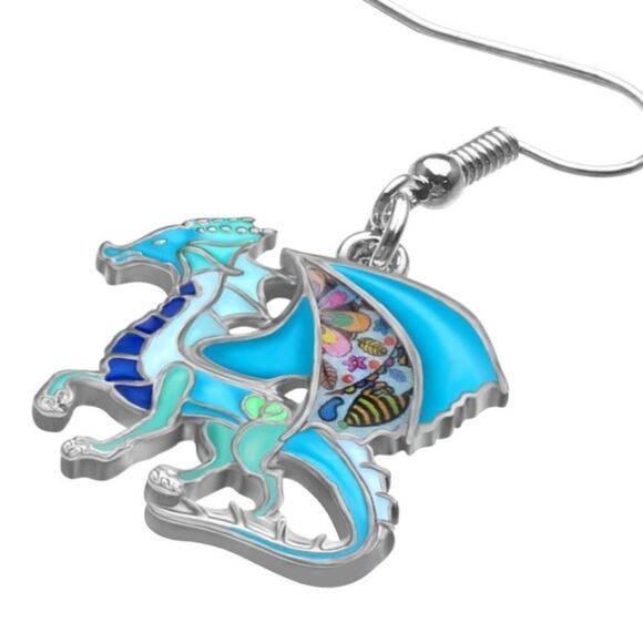 Silver and Multicolor Enamel Mythical Dragon Dangling French Wire Hook Earrings - Picture 2 of 5